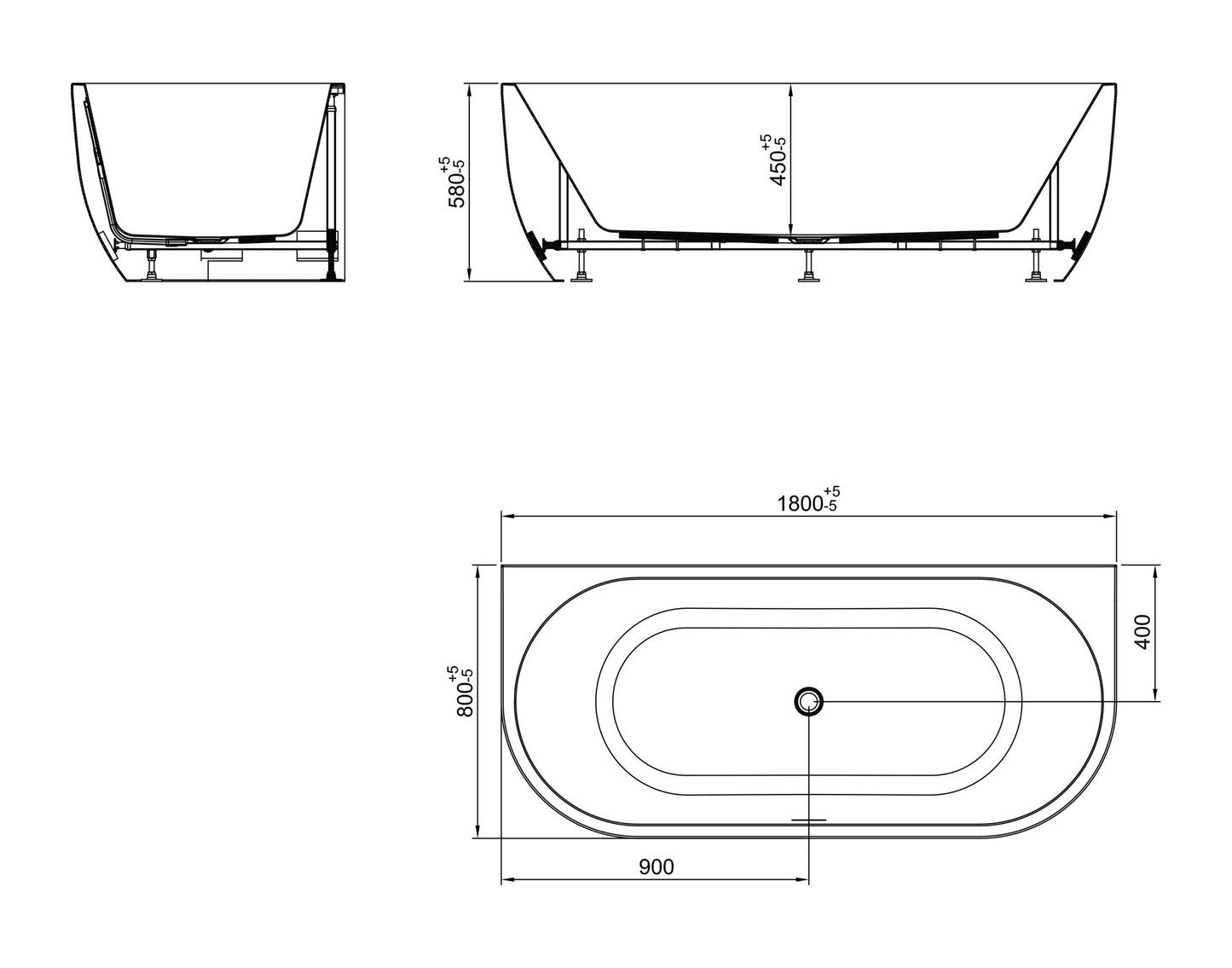 Wiesbaden Zenn semi-detached bath 180 x 80 cm acrylic gloss white with waste gloss white