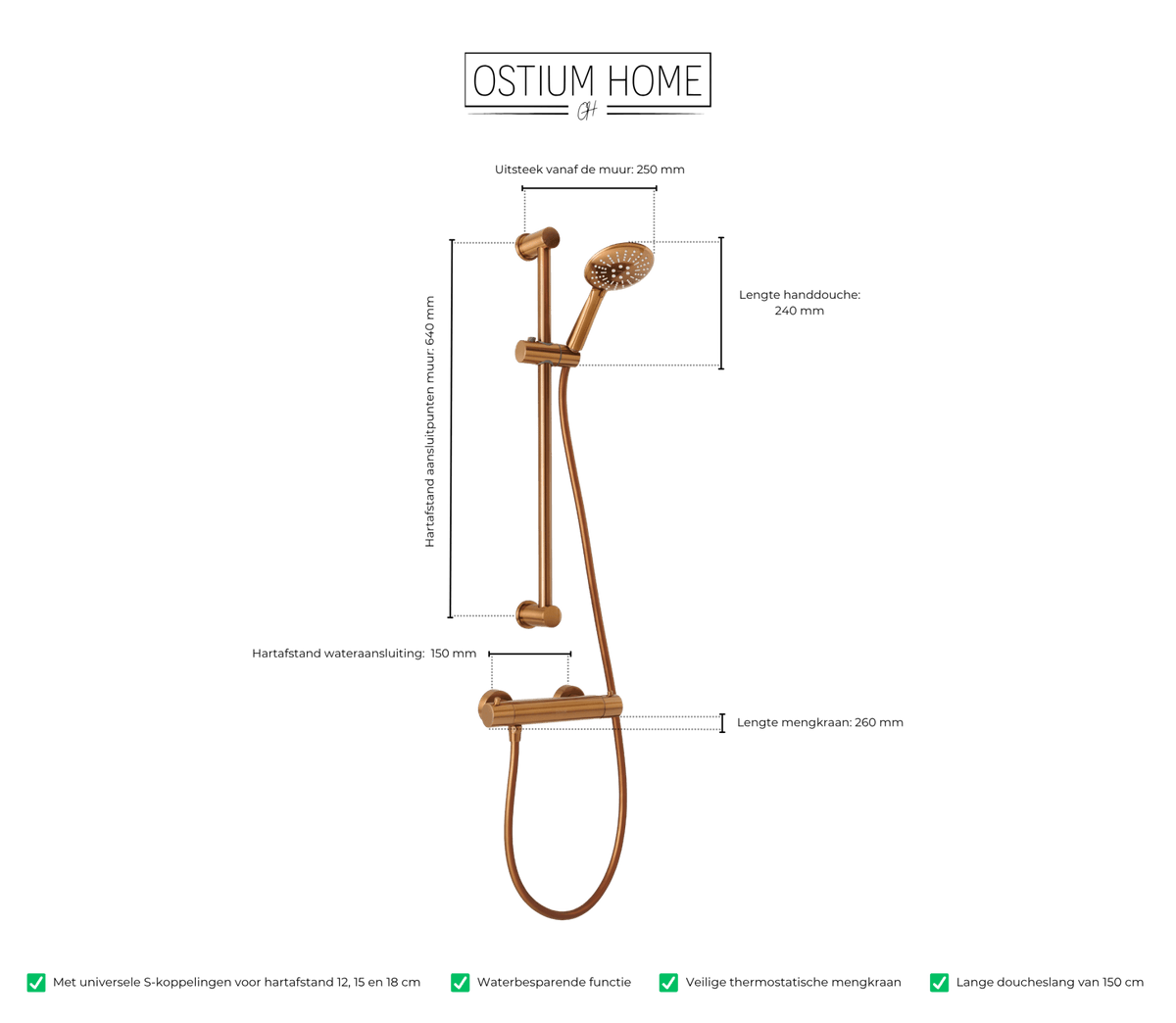 Maattekening van handdoucheset met glijstang Delfi in mat brons