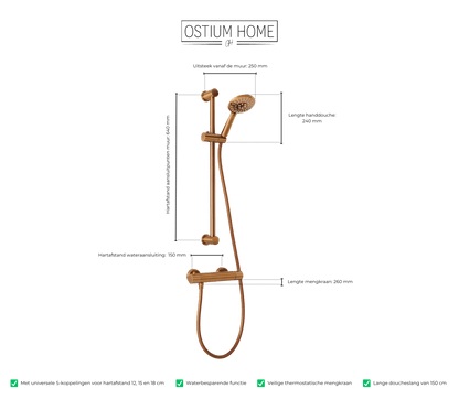 Maattekening van handdoucheset met glijstang Delfi in mat brons