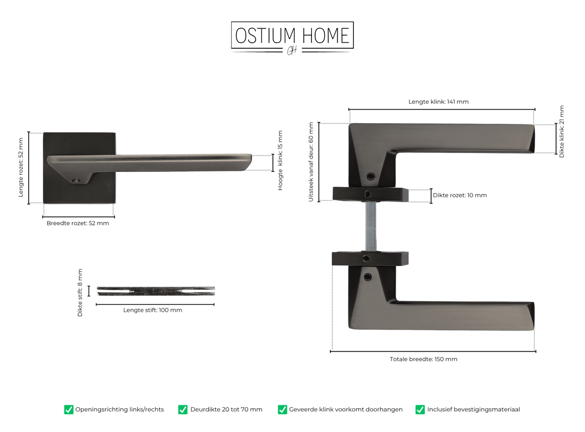 Maattekening van deurklink Nestro in gun metal