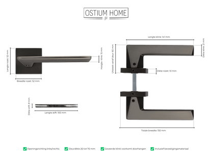 Maattekening van deurklink Nestro in gun metal