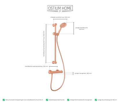 Maattekening van handdoucheset met glijstang Delfi in rosé koper