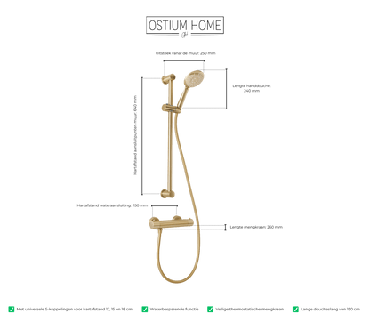 Maattekening van handdoucheset met glijstang Delfi in mat goud