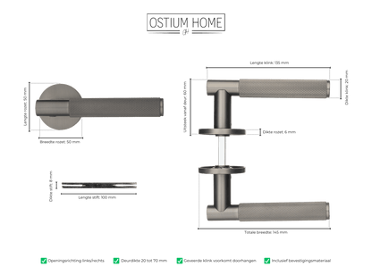 Maattekening van deurklink Basio in gun metal