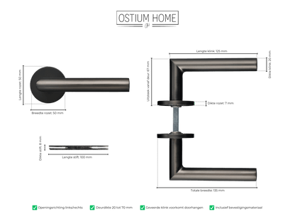 Maattekening van deurklink Cosa in gun metal