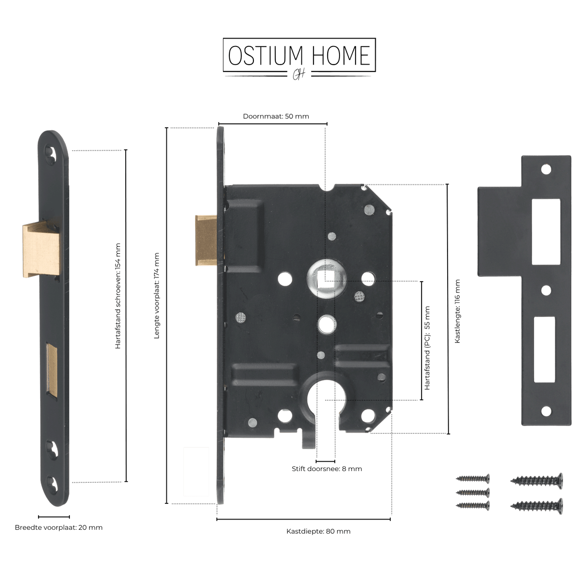 Maattekening van cilinderinsteekslot zwart PC 55 mm