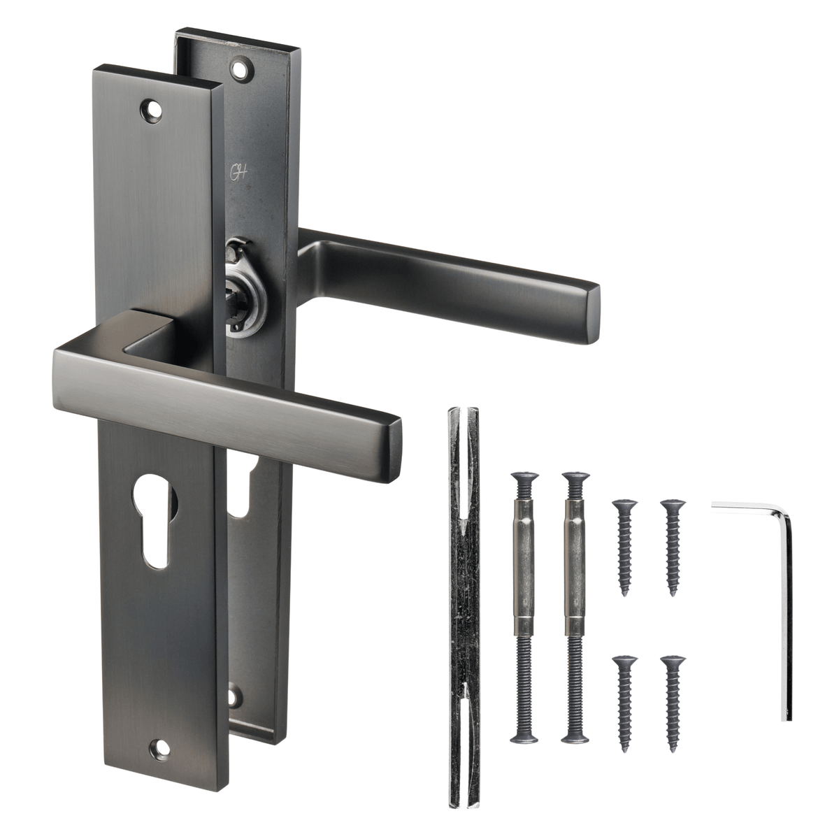 Deurklink Fano in gun metal met cilindergat 55 mm met bevestigingsmateriaal