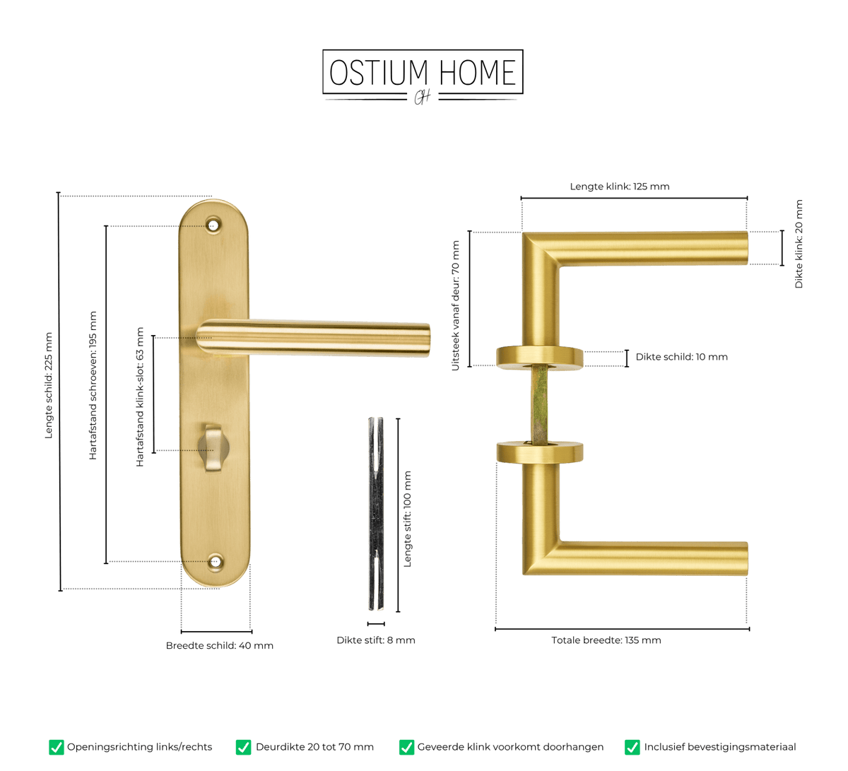 Maattekening van deurklink Andria in goud met WC-sluiting 63 mm