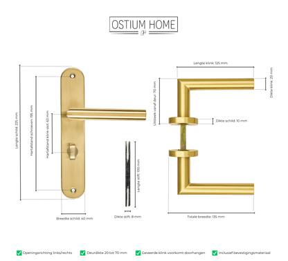 Maattekening van deurklink Andria in goud met WC-sluiting 63 mm
