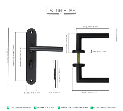 Maattekening van deurklink Belluno in zwart met WC-sluiting 63 mm