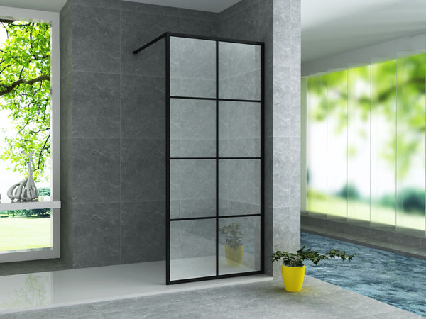 Aloni Walk-in Shower | 100x200cm | Matte Black | Clear Glass | Grid