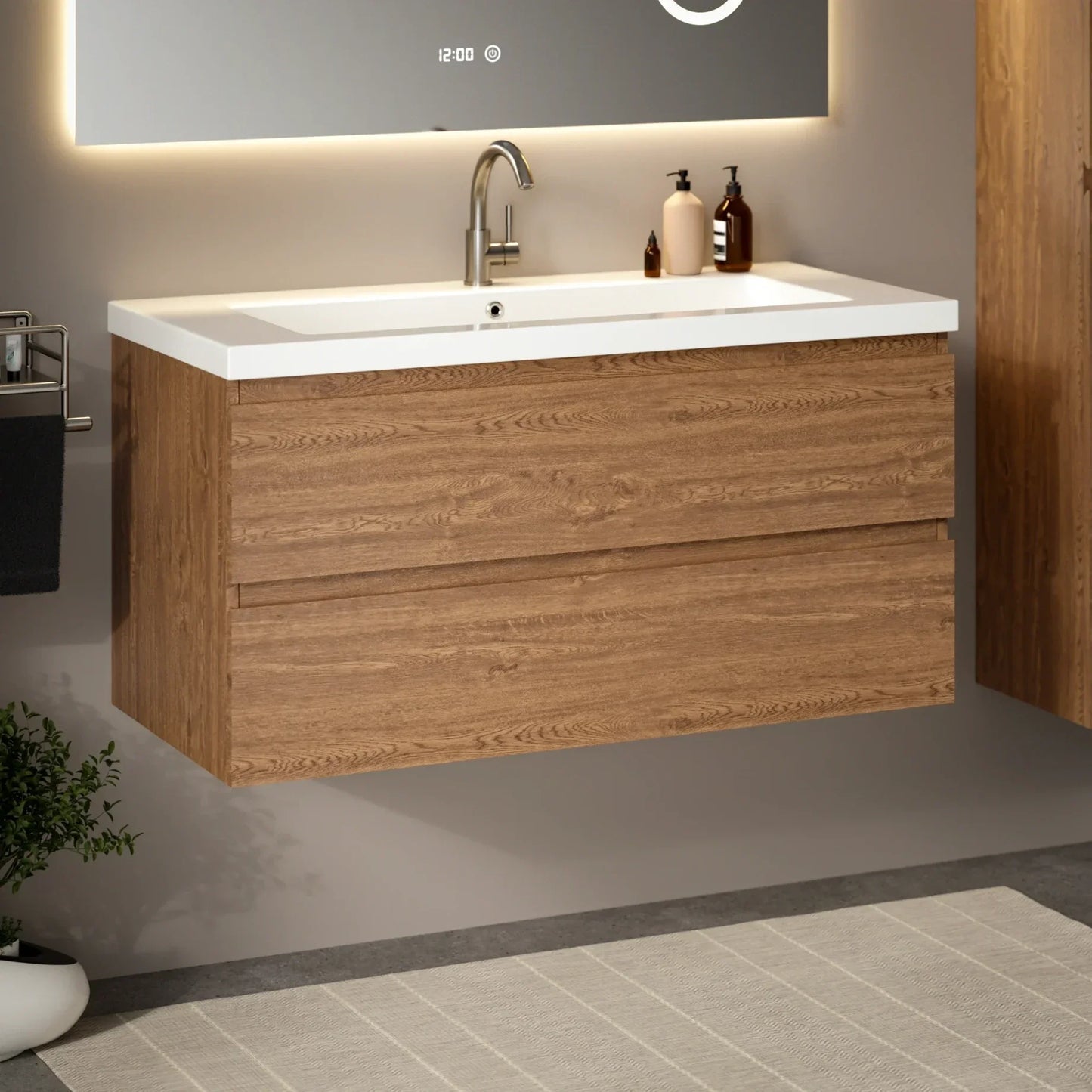 Badkamermeubel Sena - 100cm - Warm Eiken - Wastafel Wit