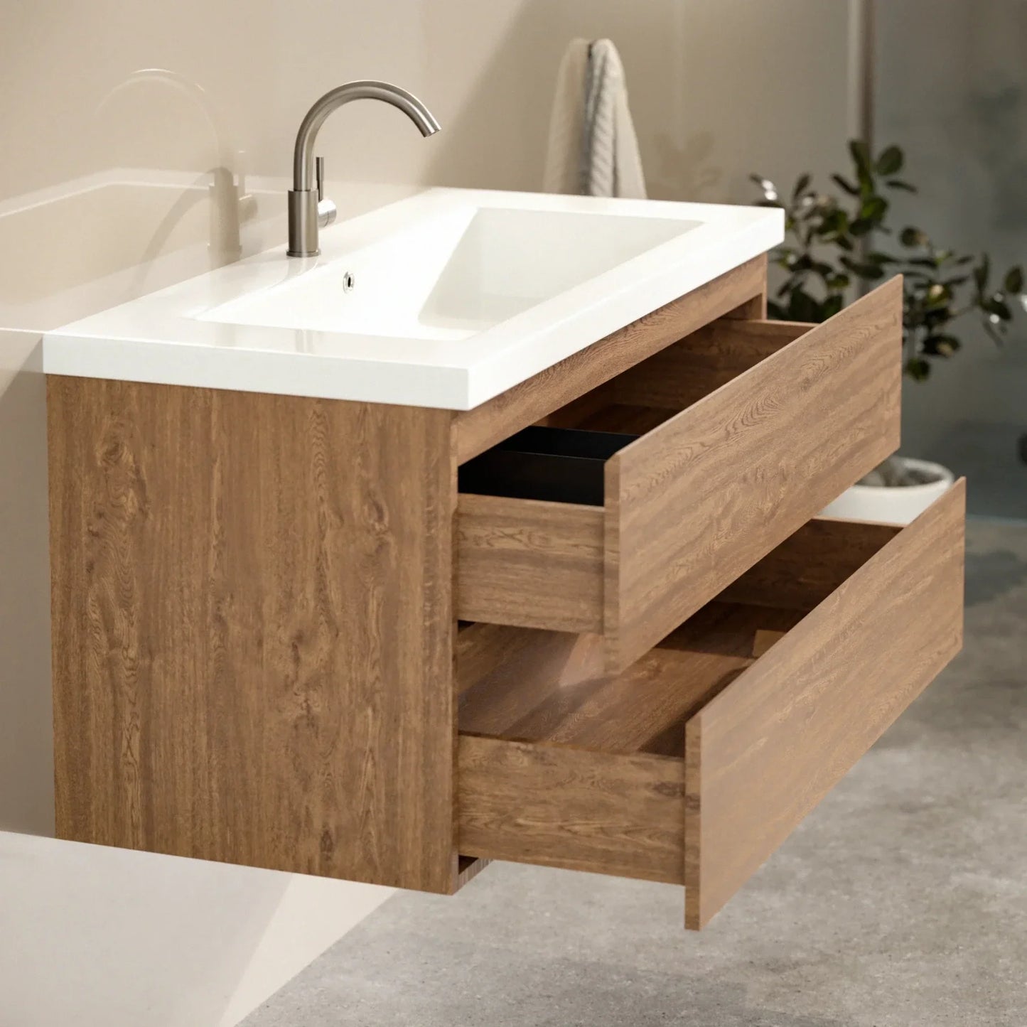 Badkamermeubel Sena - 100cm - Warm Eiken - Wastafel Wit