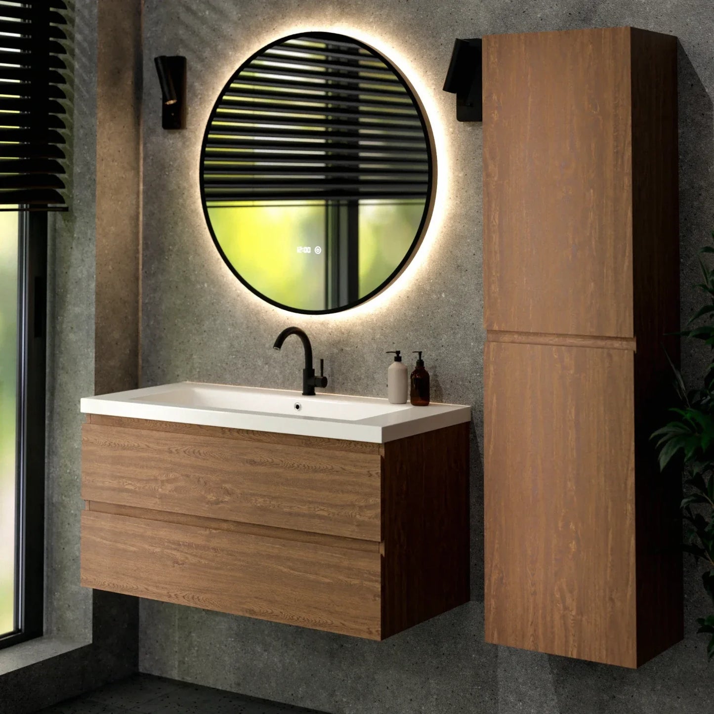 Badkamermeubel Sena - 100cm - Warm Eiken - Wastafel Wit