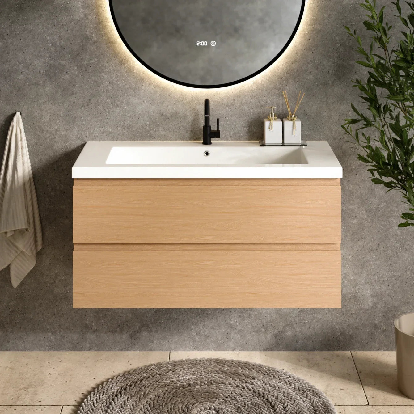 Bathroom furniture Sena - 100cm - Light Oak - White washbasin