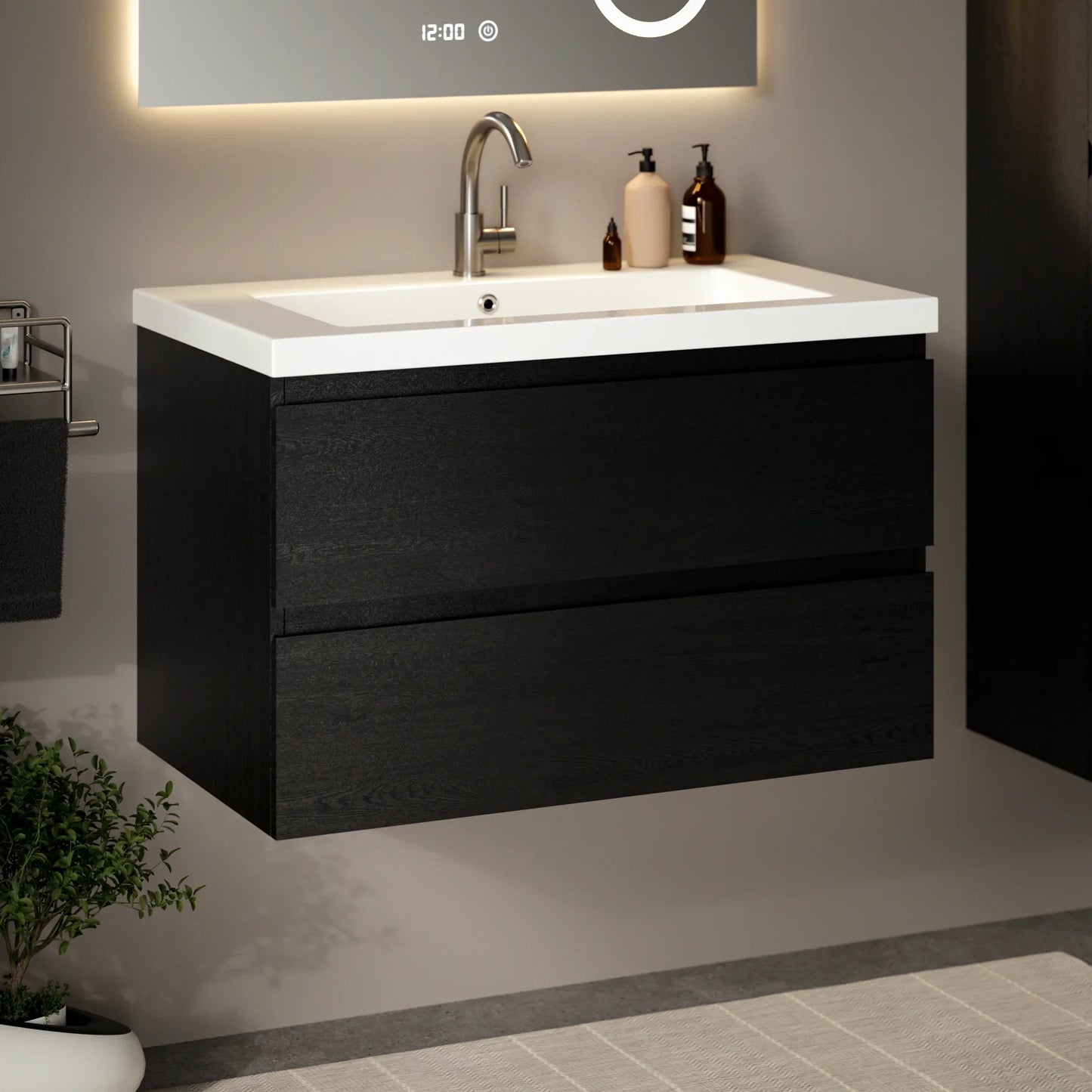 Mueble de baño Sova - 80cm - Roble negro - Lavabo blanco