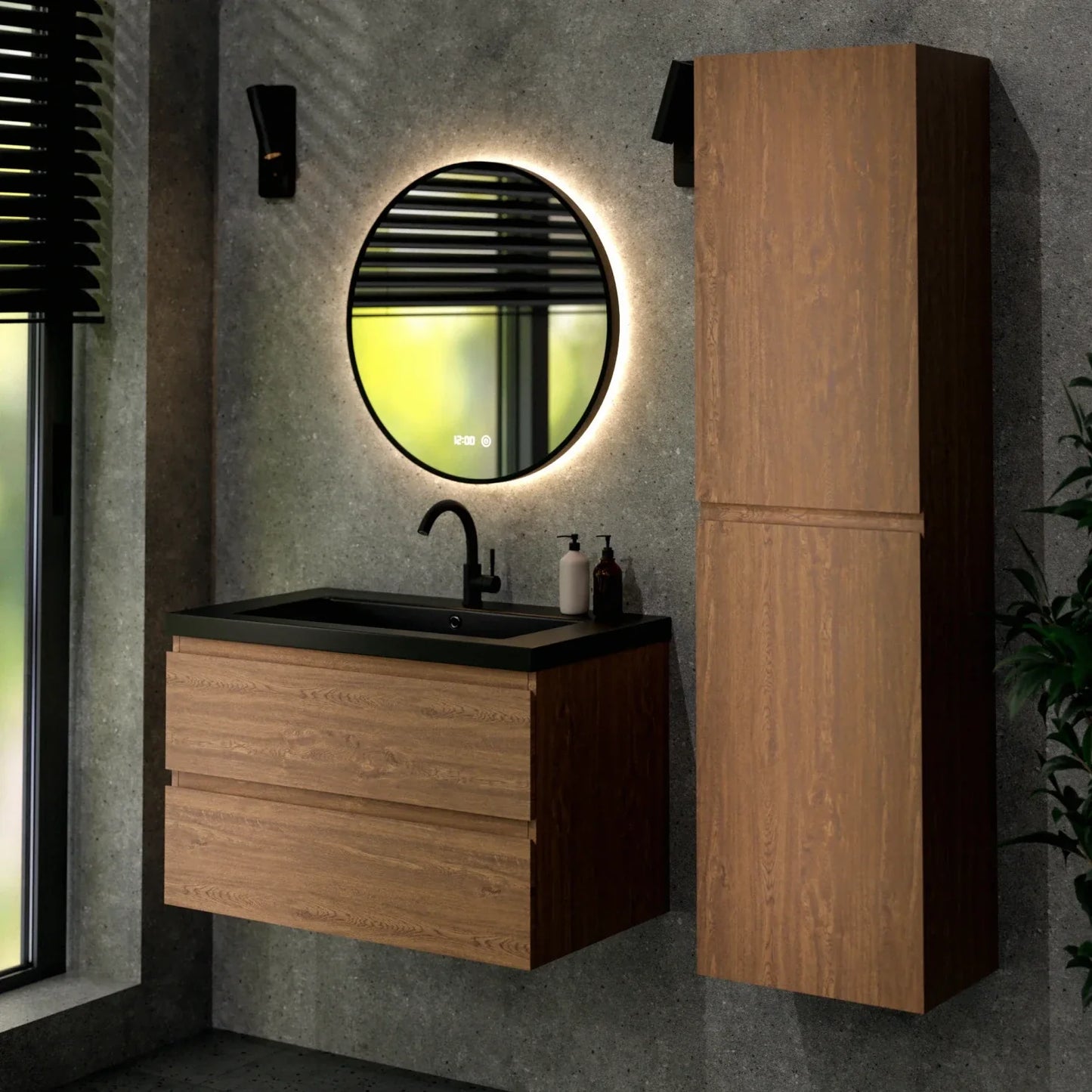 Mueble de baño Sova - 80cm - Roble cálido - Lavabo negro