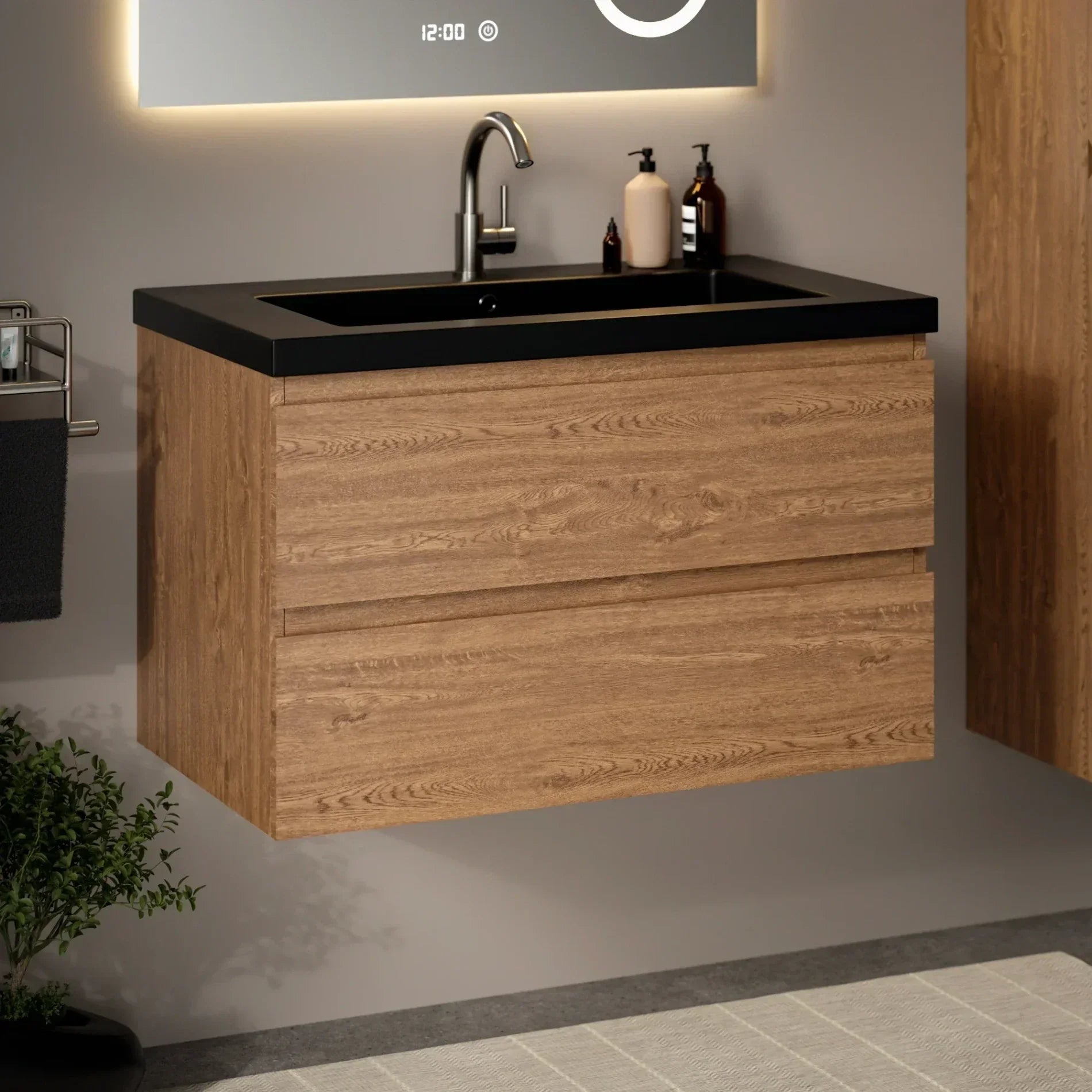Badkamermeubelset Verona 80 cm - Warm Eiken - Wastafel Zwart - WDtegels