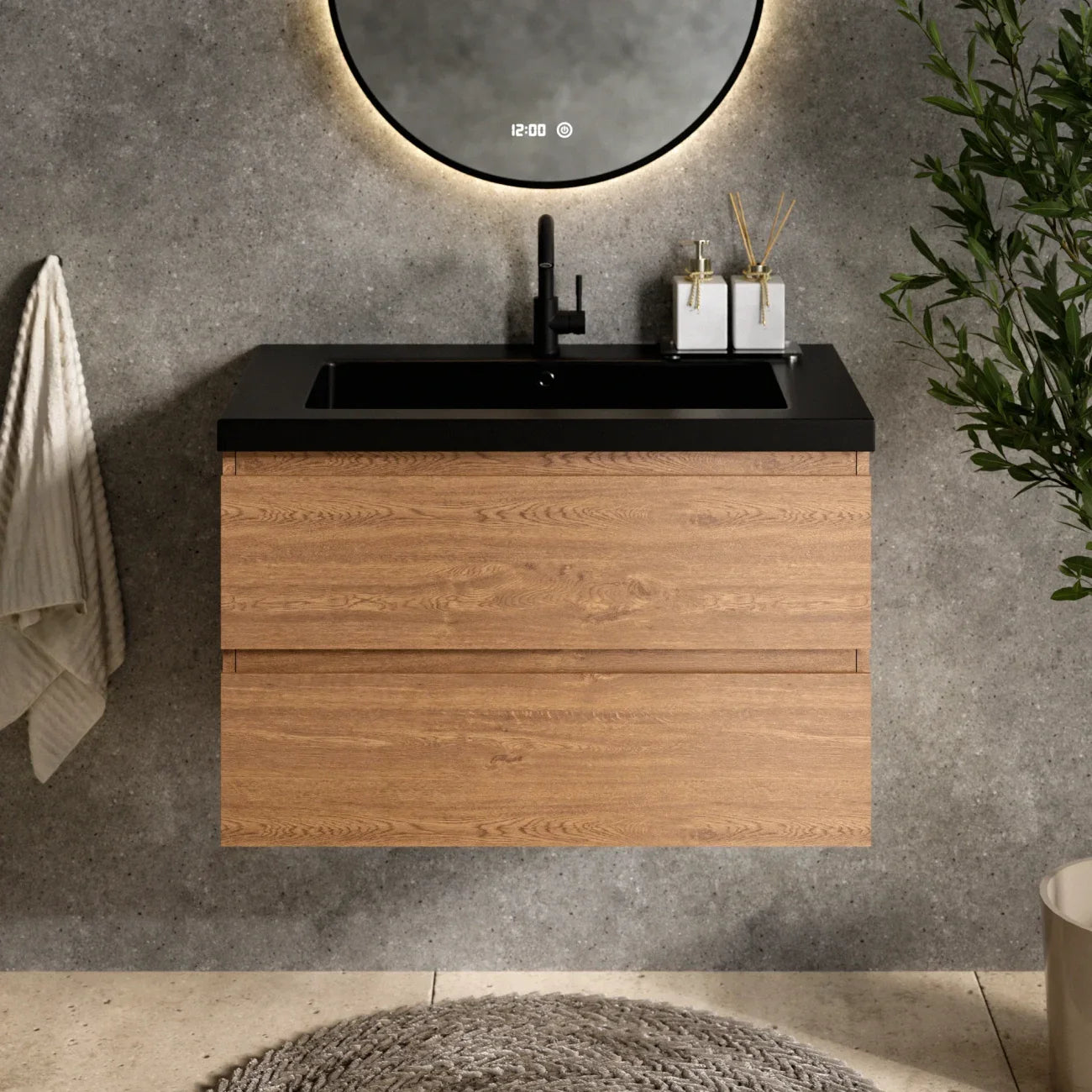 Mueble de baño Sova - 80cm - Roble cálido - Lavabo negro