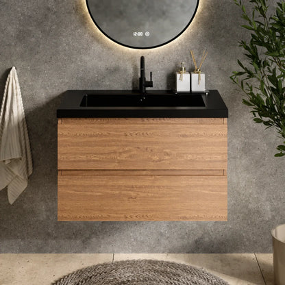 Mueble de baño Sova - 80cm - Roble cálido - Lavabo negro