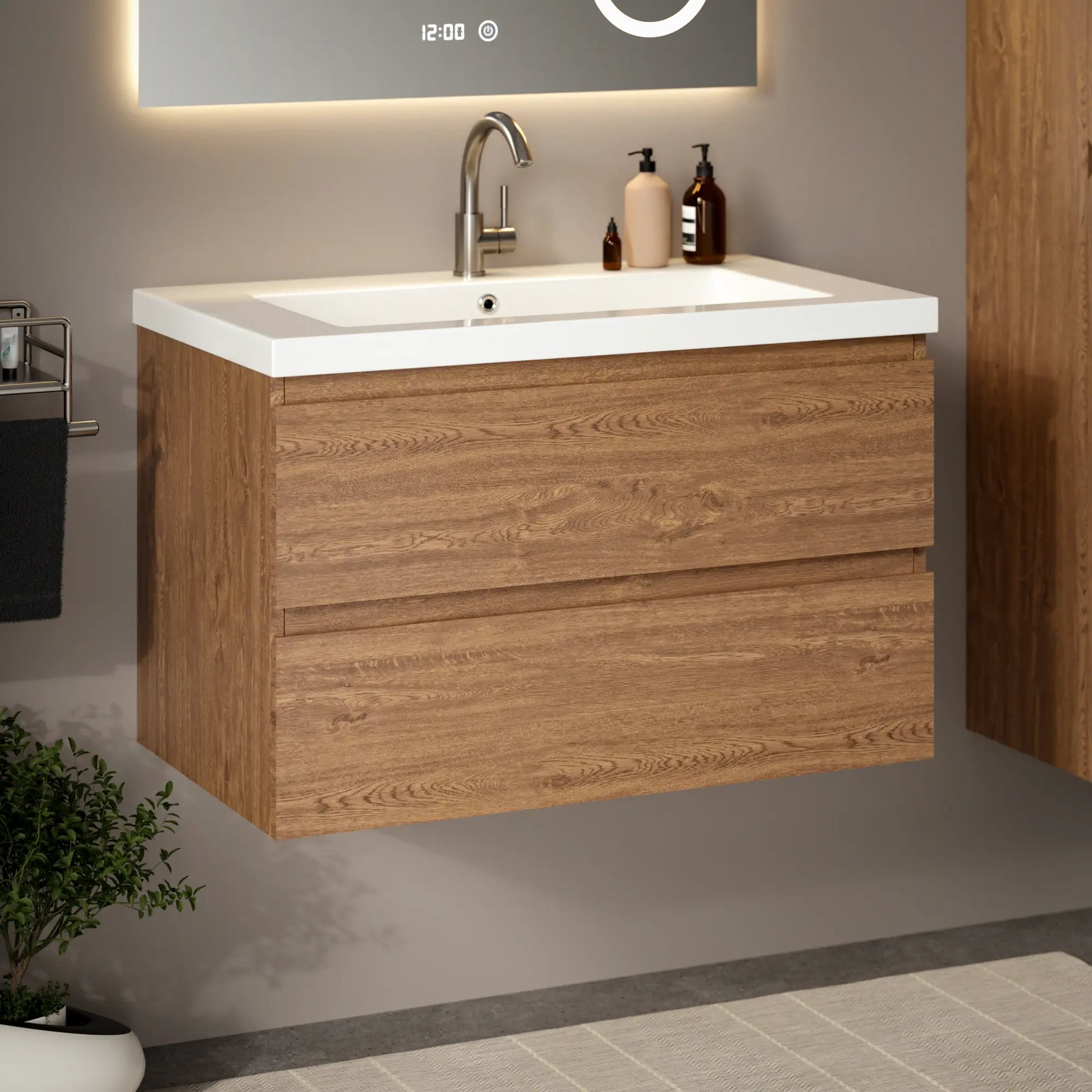 Badkamermeubel Sova - 80cm - Warm Eiken - Wastafel Wit - WDtegels