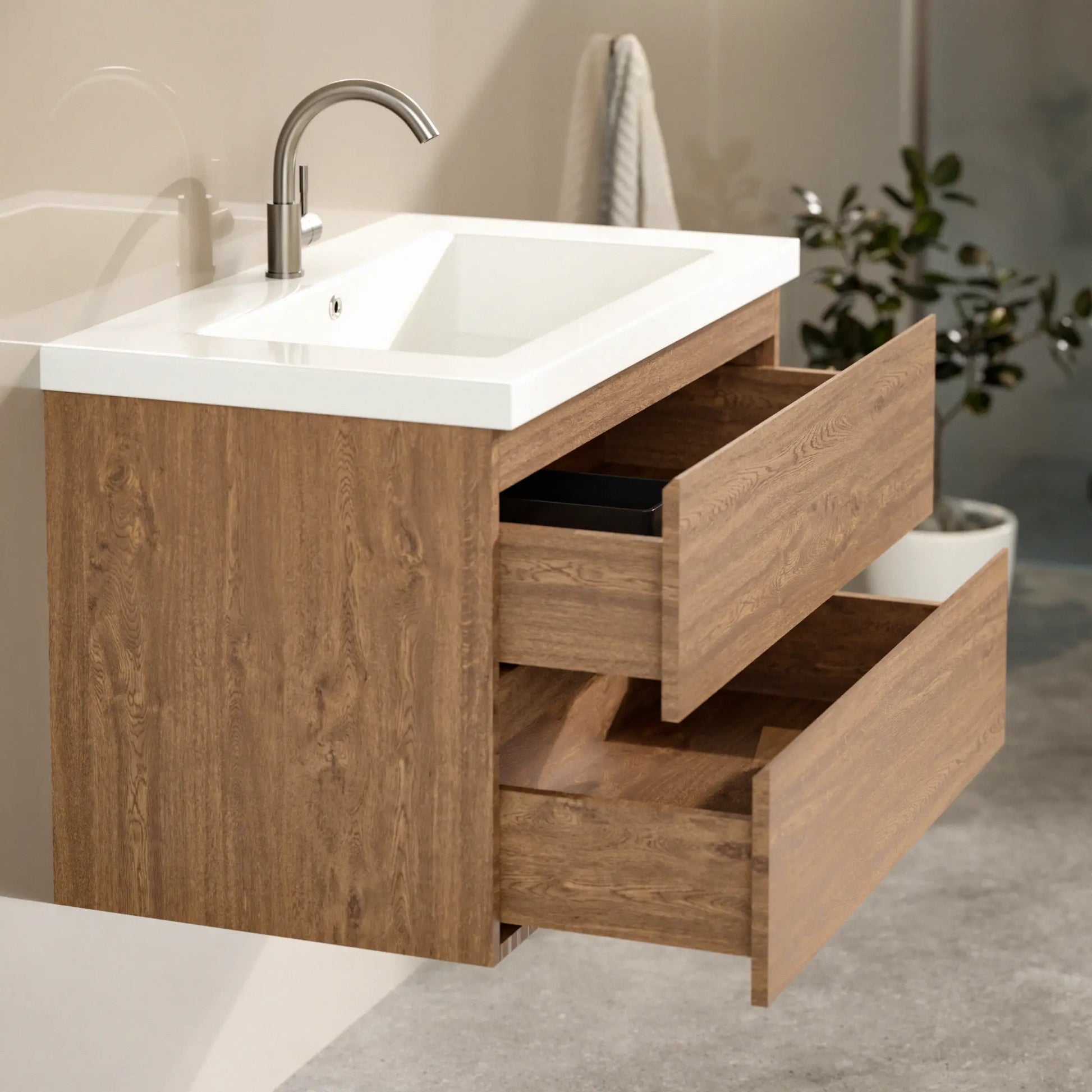 Badkamermeubel Sova - 80cm - Warm Eiken - Wastafel Wit - WDtegels