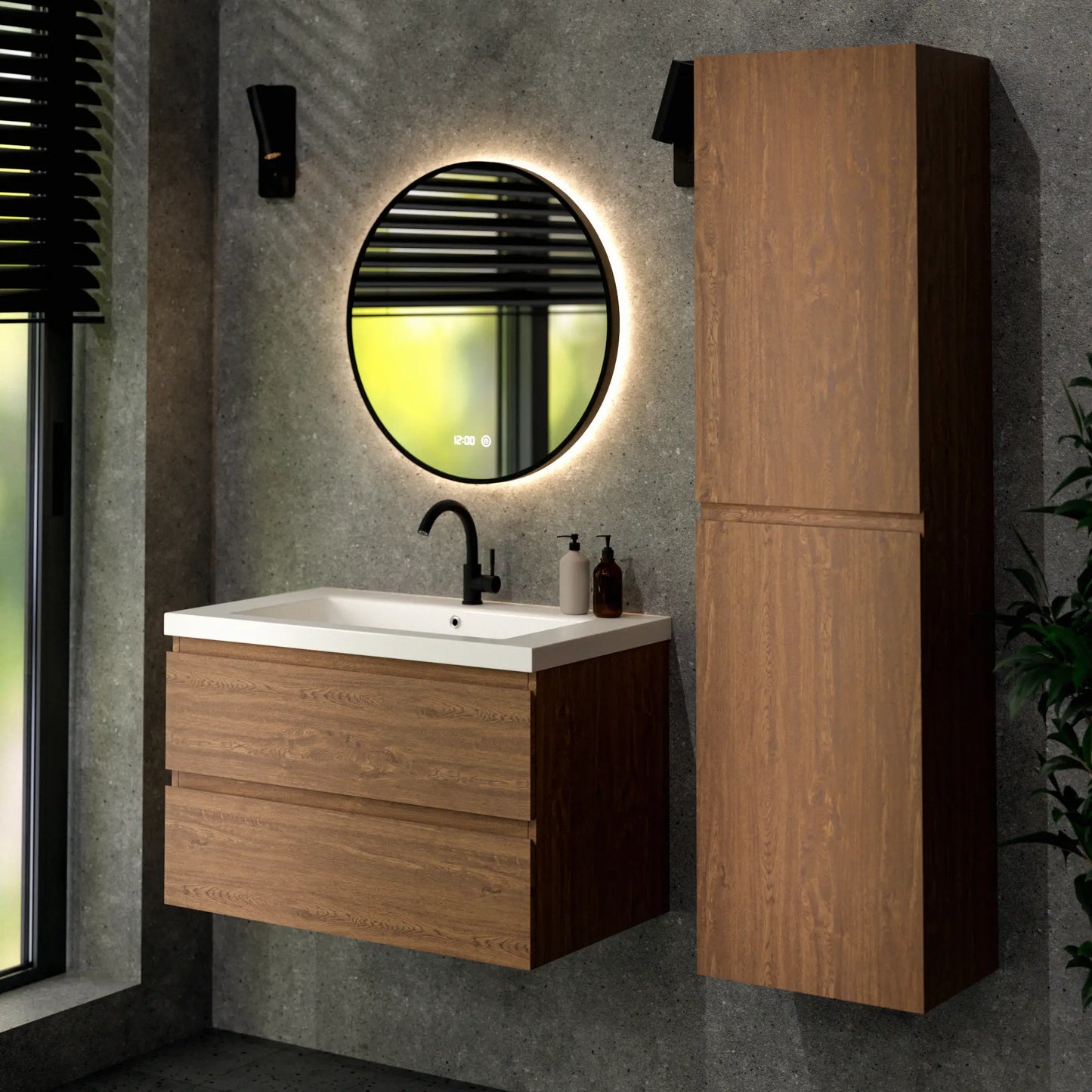 Badkamermeubel Sova - 80cm - Warm Eiken - Wastafel Wit - WDtegels