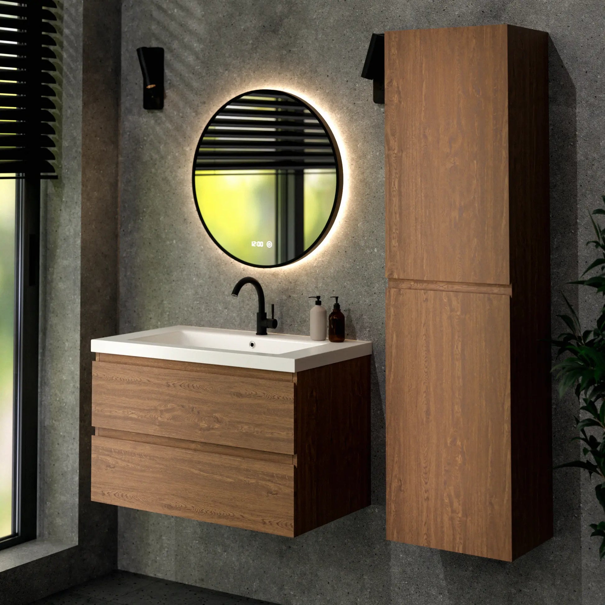 Badkamermeubel Sova - 80cm - Warm Eiken - Wastafel Wit - WDtegels