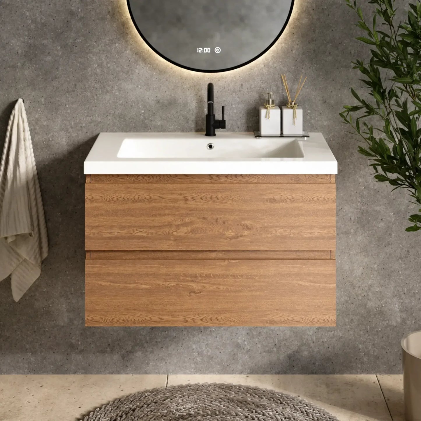 Badkamermeubel Sova - 80cm - Warm Eiken - Wastafel Wit - WDtegels