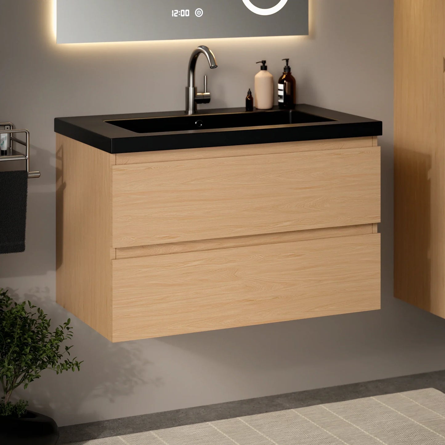 Mueble de baño Sova - 80cm - Roble claro - Lavabo negro