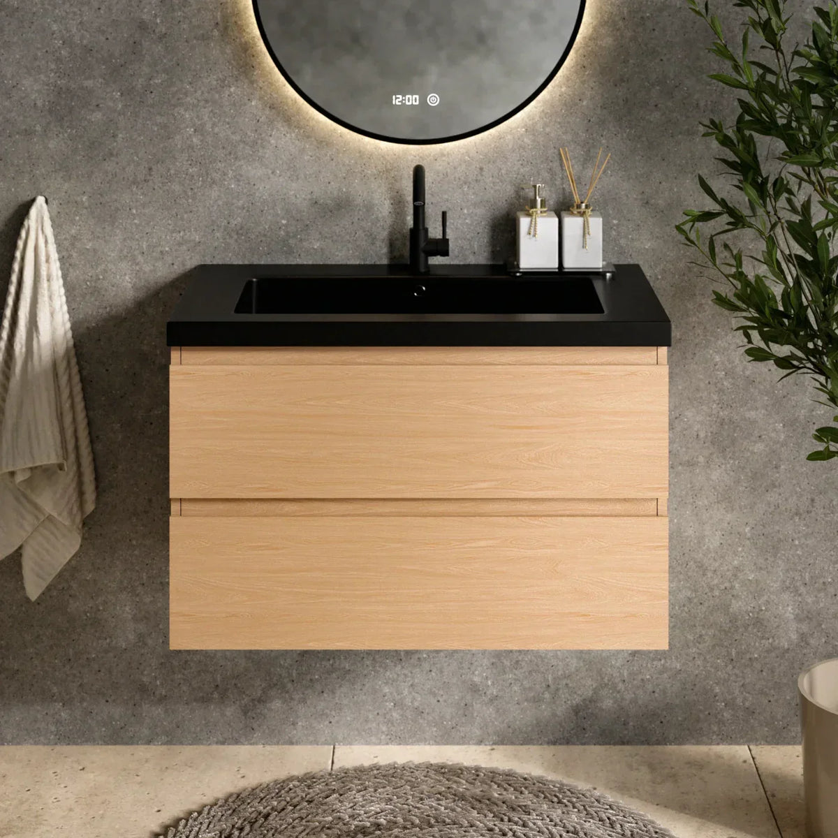 Badkamermeubelset Monaco 80cm - Licht Eiken - Wastafel Zwart - WDtegels