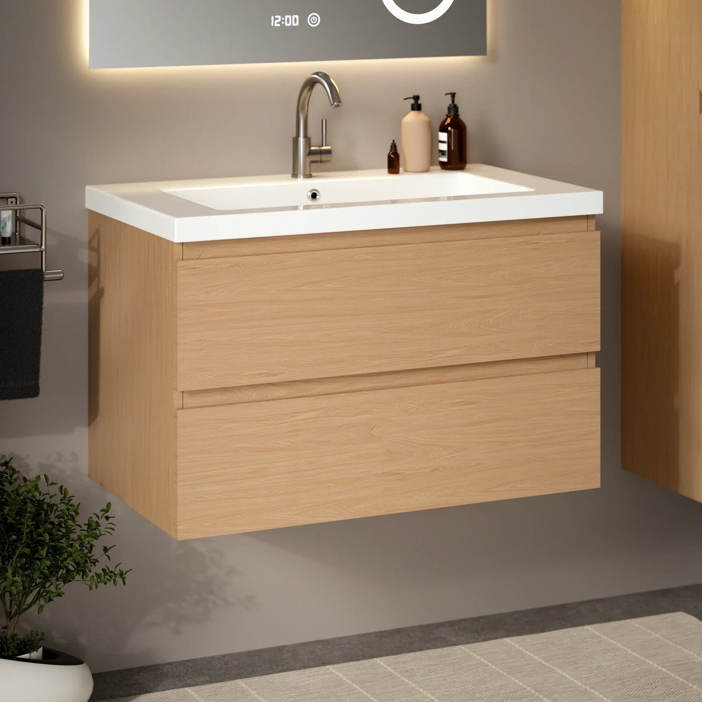 Mueble de baño Sova - 80cm - Roble claro - Lavabo blanco