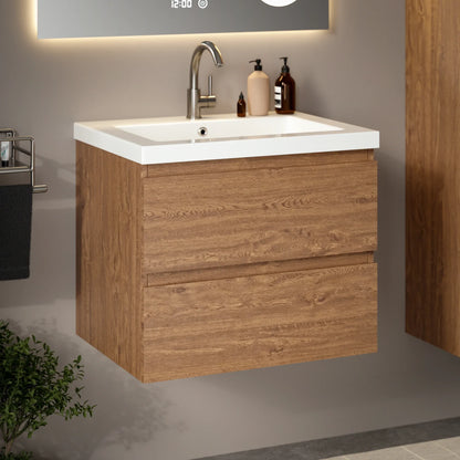 Mueble de baño Karo - 60cm - Roble cálido - Lavabo blanco