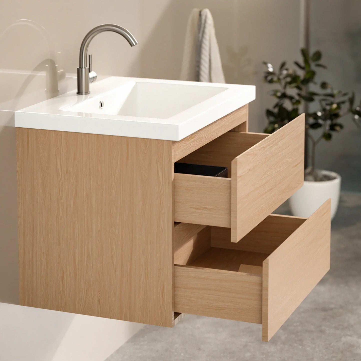 Mueble de baño Karo - 60cm - Roble claro - Lavabo blanco