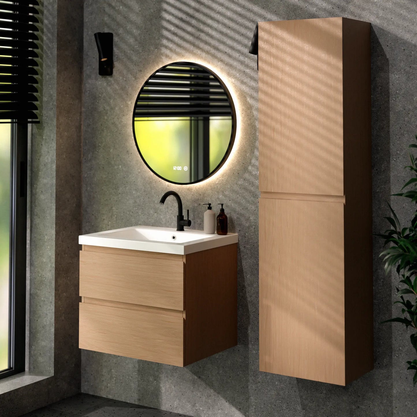 Mueble de baño Karo - 60cm - Roble claro - Lavabo blanco