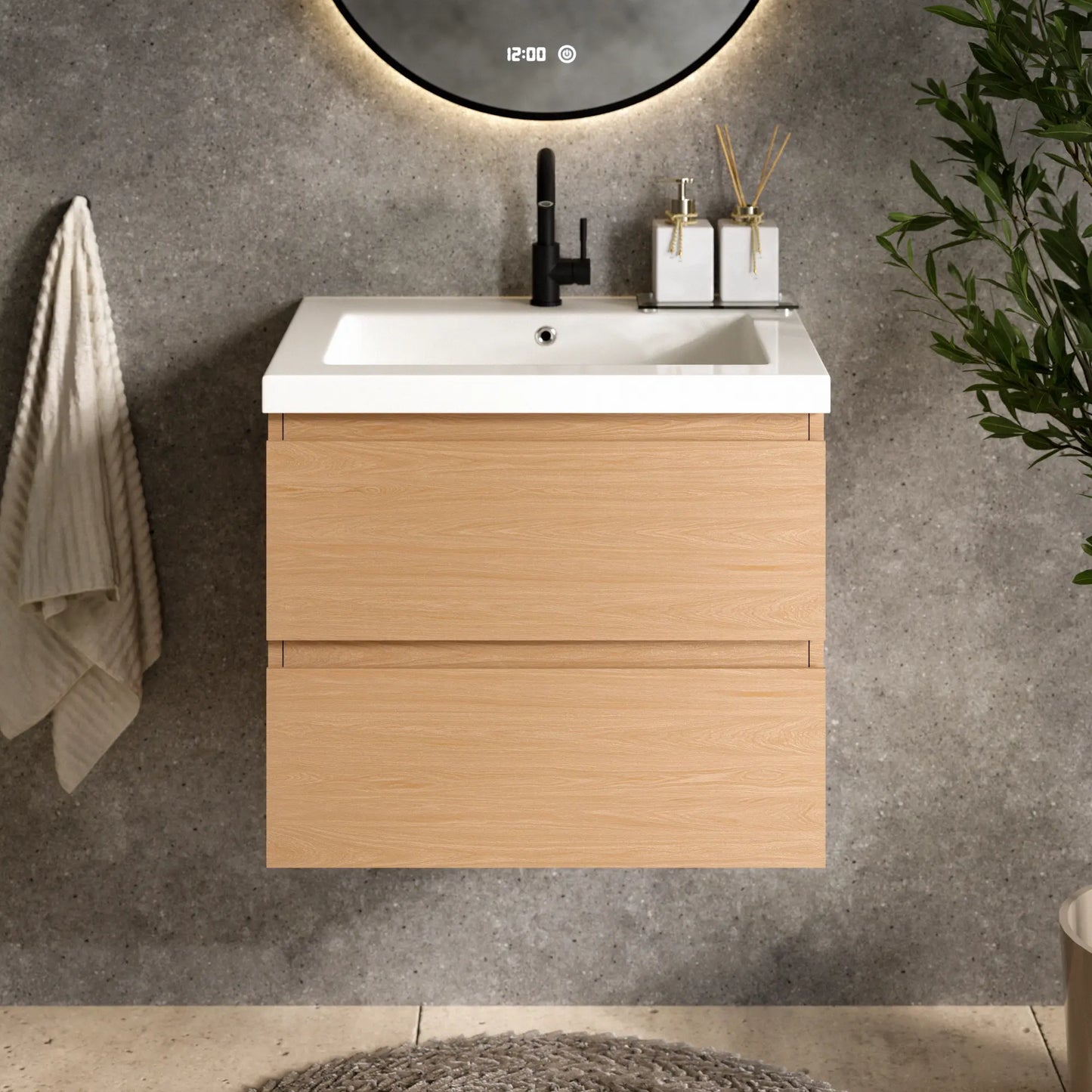 Mueble de baño Karo - 60cm - Roble claro - Lavabo blanco