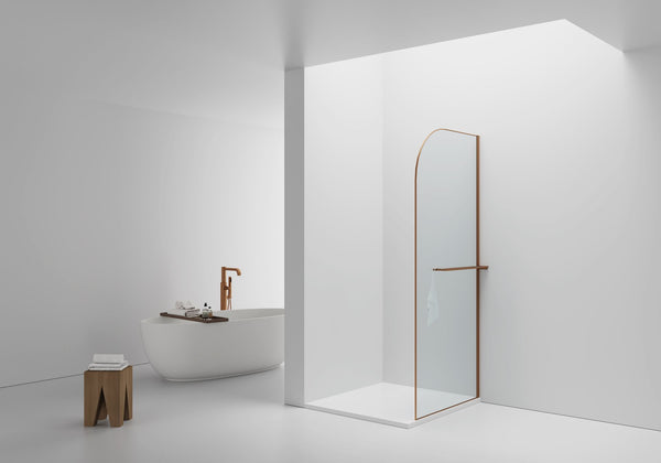 Curvy Inloopdouche | 100x200cm | Handdoekhouder | Geborsteld Koper | Gebogen Helder Glas