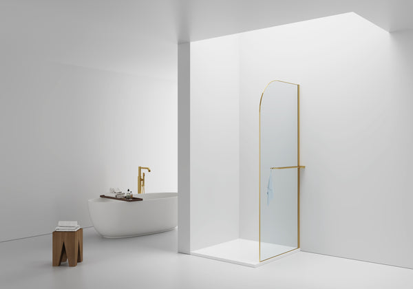 Curvy Walk-in Shower | 100x200cm | Towel Holder | Brushed Gold | Curved Clear Glass