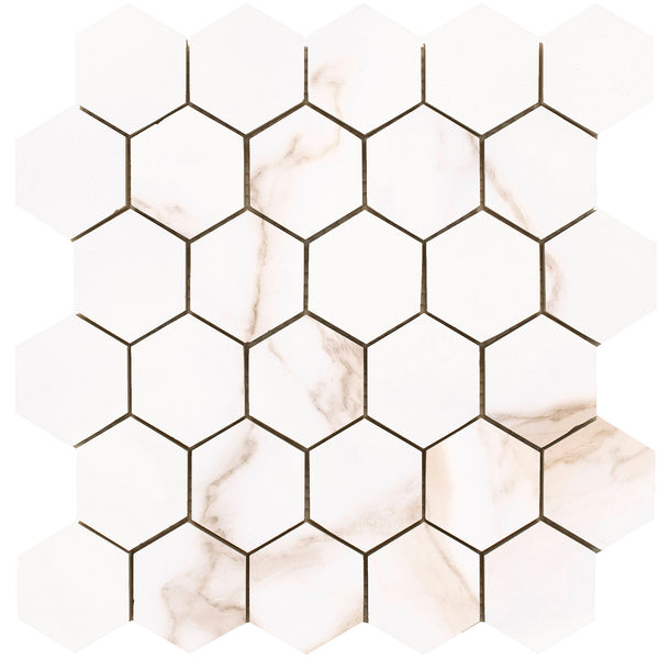 Mosaico hexagonal Diamond Gold pulido sobre malla de 26x27