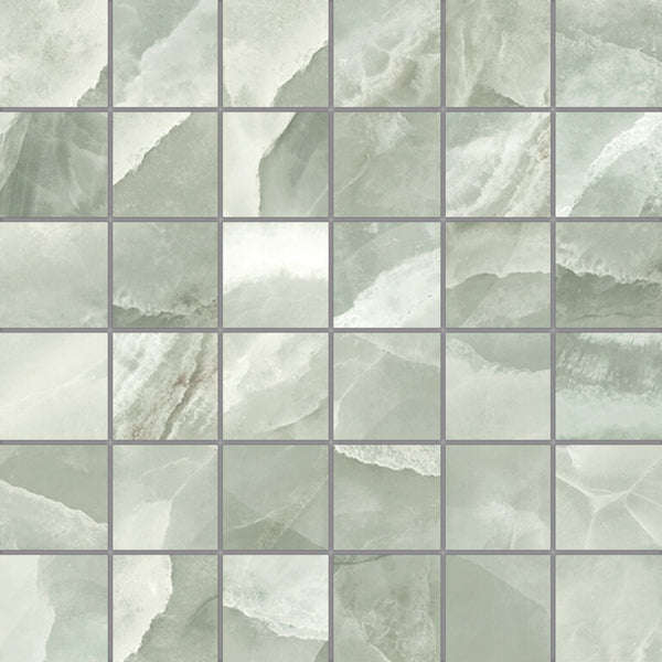 Mosaico de ónix y jade pulido de 5x5 sobre malla de 30x30