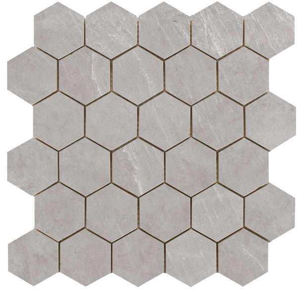 Statale Greige hexagon mosaic on a mesh of 26.3x27.4