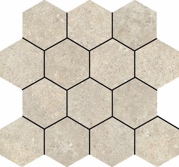 Mosaico hexagonal de piedra marfil Stoneland sobre malla de 29x27cm