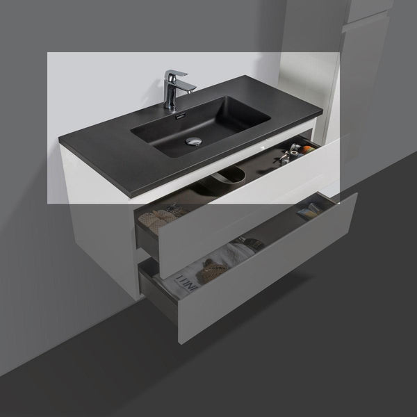 Lavabo de piedra de cuarzo negro Tieme de 100 cm con orificio para grifería