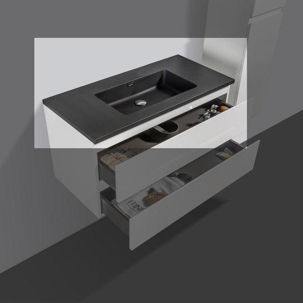 Lavabo de piedra de cuarzo Tieme 100cm negro sin orificio para grifería