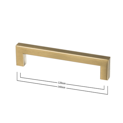 Maattekening van meubelgreep in goud, hartafstand 128 mm, lengte 140 mm