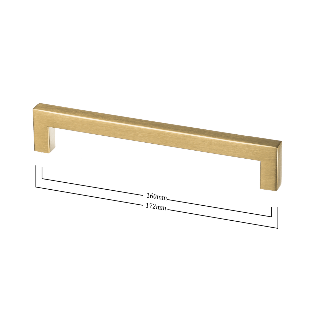 Maattekening van meubelgreep in goud, hartafstand 160 mm, lengte 172 mm