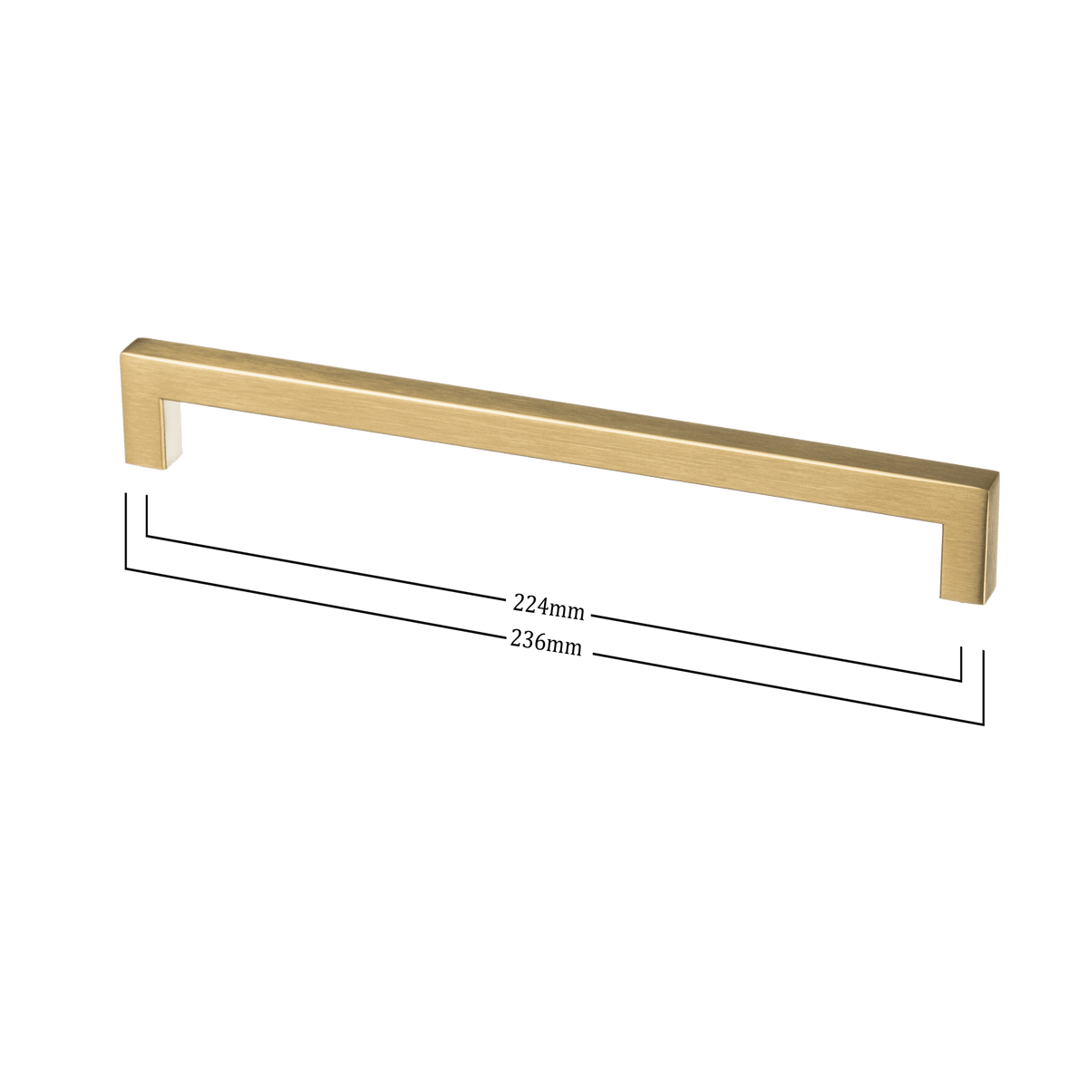 Maattekening van meubelgreep in goud, hartafstand 224 mm, lengte 236 mm