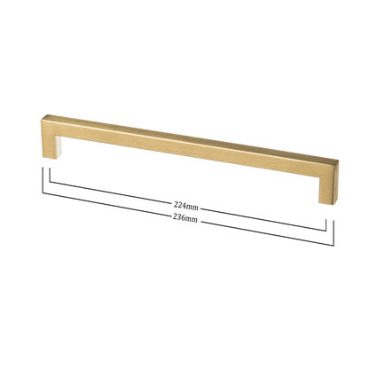 Maattekening van meubelgreep in goud, hartafstand 224 mm, lengte 236 mm