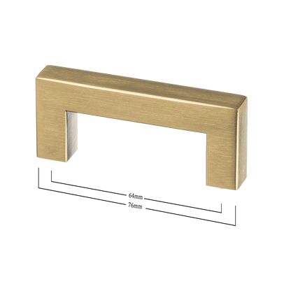 Maattekening van meubelgreep in goud, hartafstand 64 mm, lengte 76 mm