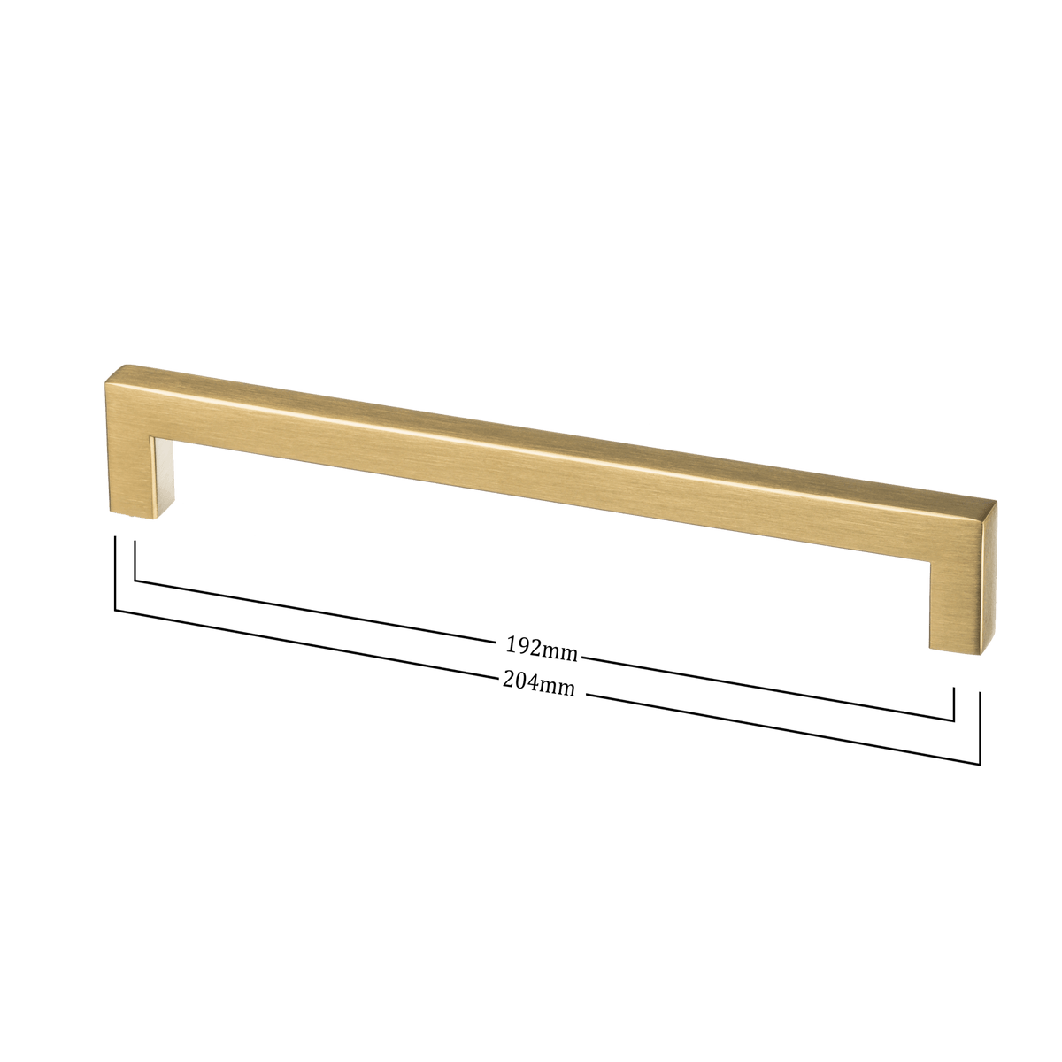 Maattekening van meubelgreep in goud, hartafstand 192 mm, lengte 204 mm